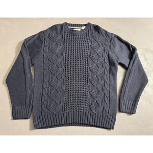 Cable Knit Fisherman Sweater Mens Large Navy Blue Aran Crewneck Pullover Ribbed